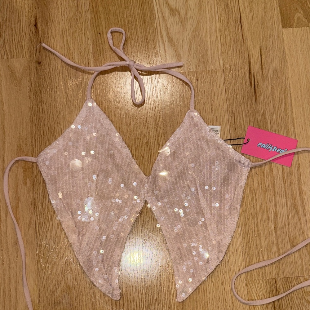 Edikted Light Pink Sequin Halter Bra